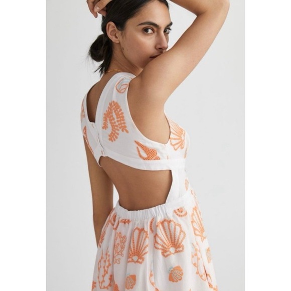 Anthropologie Maeve Embroidered‎ Scallop White Sea Shell Midi Sundress 10 Resort - Picture 4 of 16